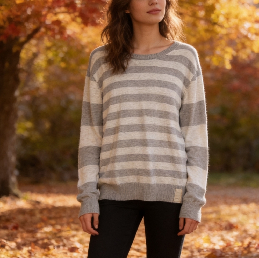 J.Lindeberg Gray Cream Striped Sweater XL 100% Cotton Lightweight Crewneck